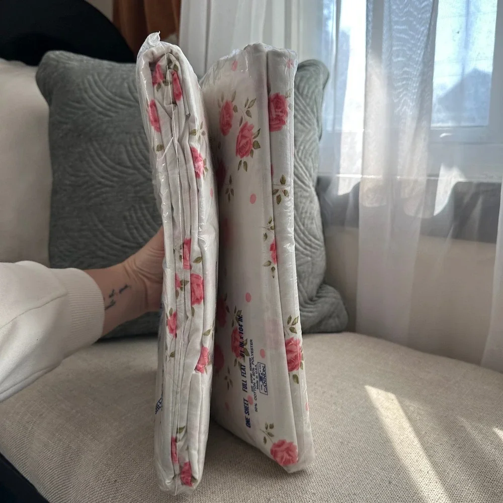 NEW Vintage Cannon No-Iron Muslin Full Flat & Fitted Sheet Set Rose Floral White